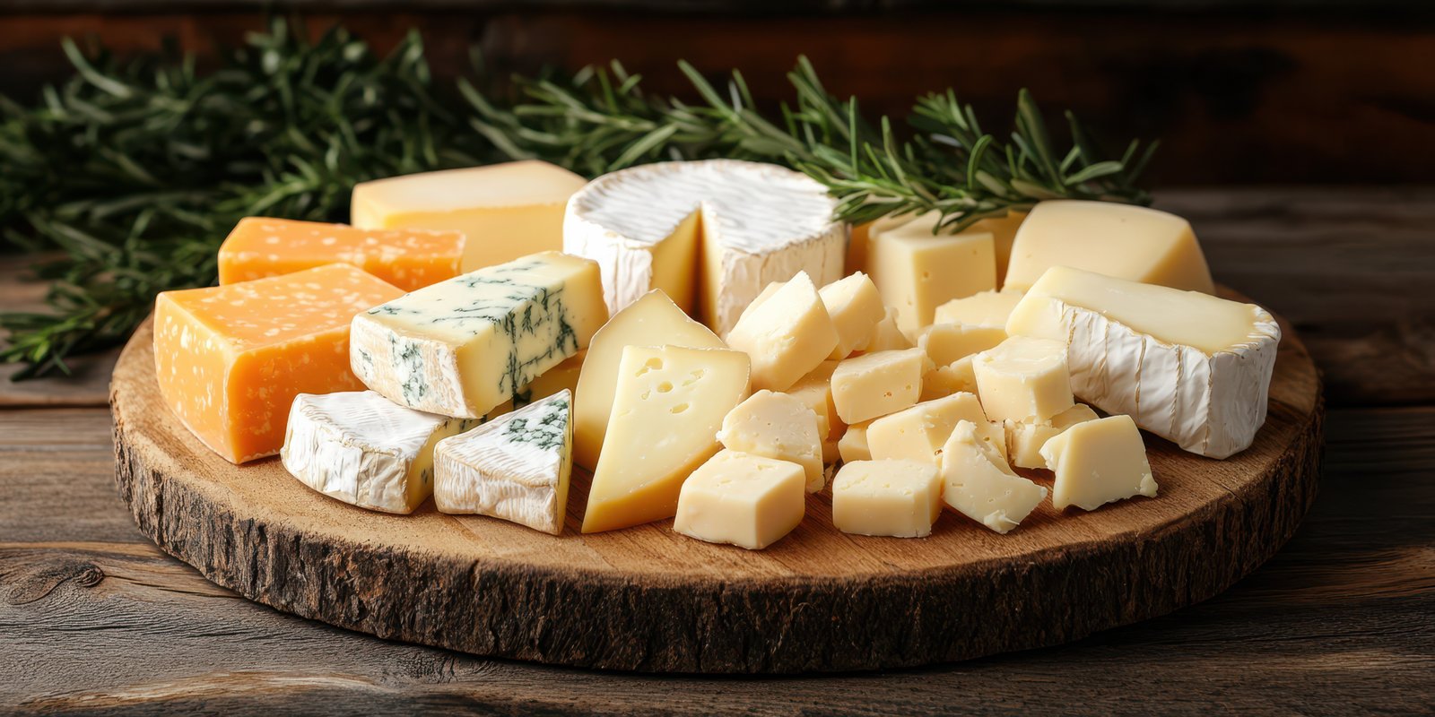 Variety of artisanal cheeses arranged on a wooden platter alongside fresh herbs
